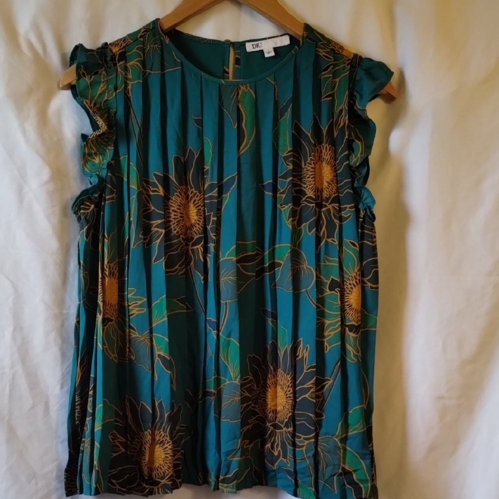 DR2 Teal and Brown Floral Ruffle Blouse